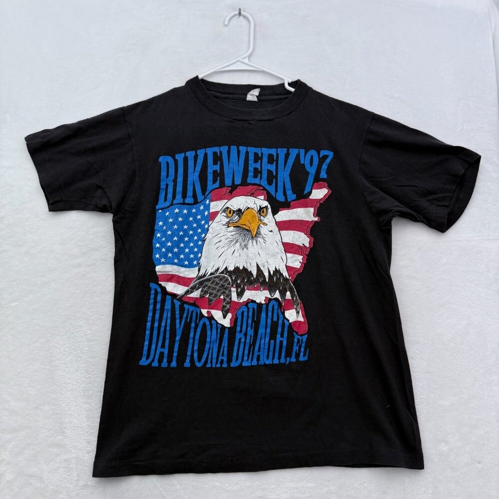 Vintage Daytona Bike Week T Shirt Men L Black Eagle America Flag 90s Made In USA